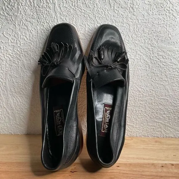 Creazioni Irya women's Black Italian Leather Collapsible Kiltie Tassel Loafers 8