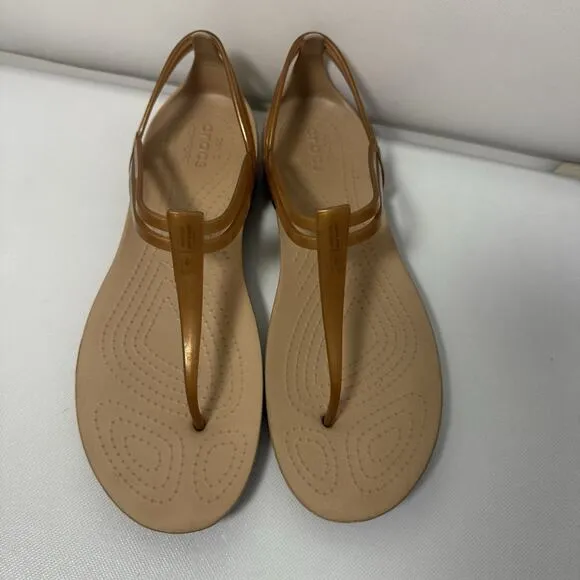 CROCS Womens Isabella T-Strap Bronze Jelly Sandals Summer Vacation Shoes 10
