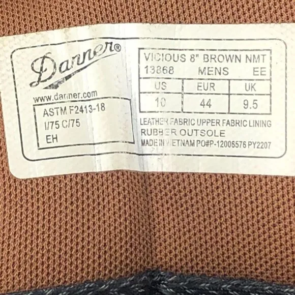 Danner Men's Size 10EE Vicious 8&quot; Brown Leather Composite Toe Work Boots 13868