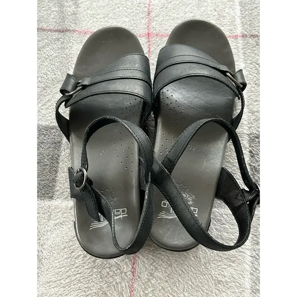 DANSKO Melina Ankle Strap Black Leather Open-toe Sandals Women's EU 40. Support