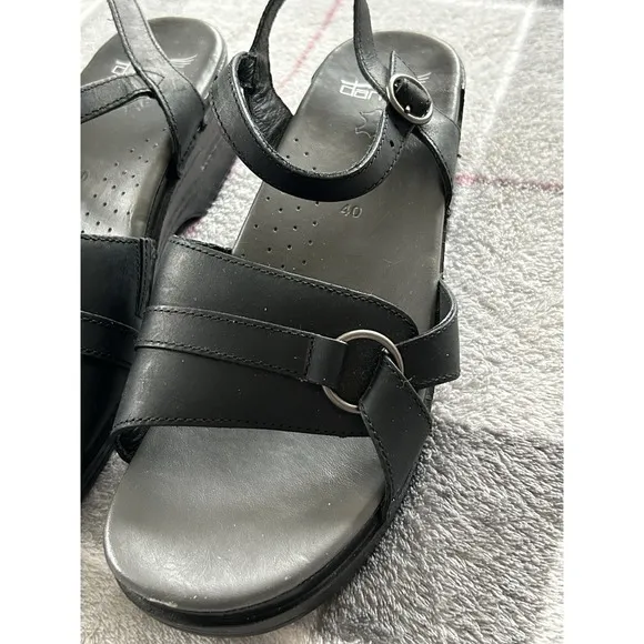 DANSKO Melina Ankle Strap Black Leather Open-toe Sandals Women's EU 40. Support