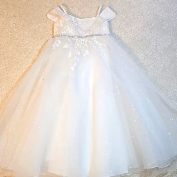 David's Bridal Sparkle Organza Flower Girl Dress w/Applique Solid Ivory Size 3