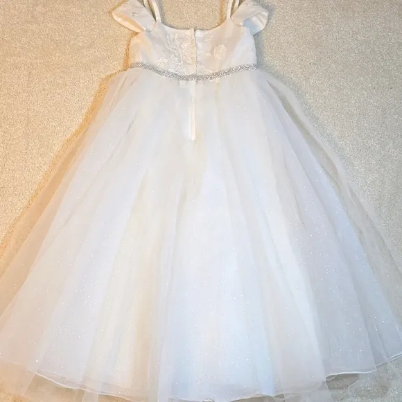 David's Bridal Sparkle Organza Flower Girl Dress w/Applique Solid Ivory Size 3