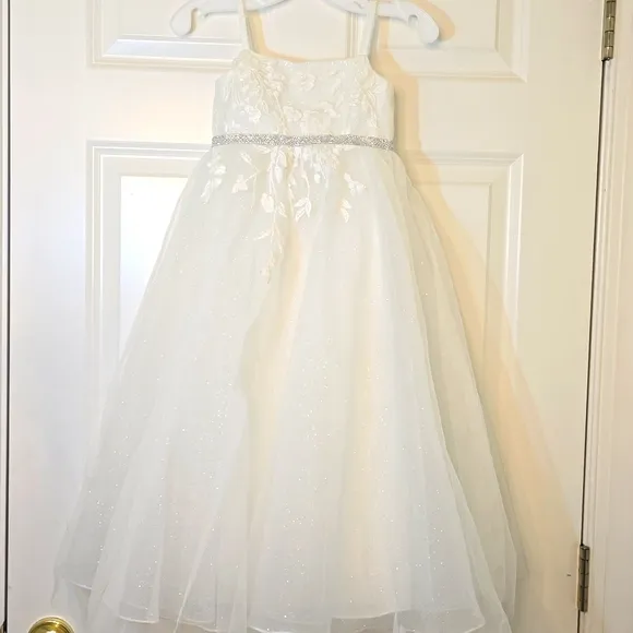 David's Bridal Sparkle Organza Flower Girl Dress w/Applique Solid Ivory Size 3