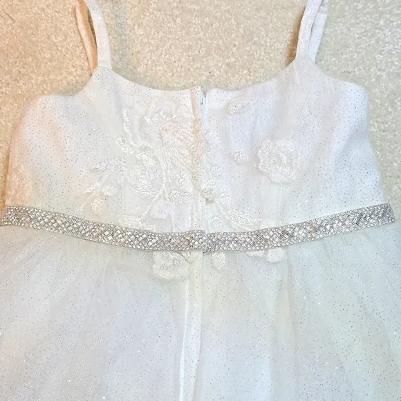David's Bridal Sparkle Organza Flower Girl Dress w/Applique Solid Ivory Size 3