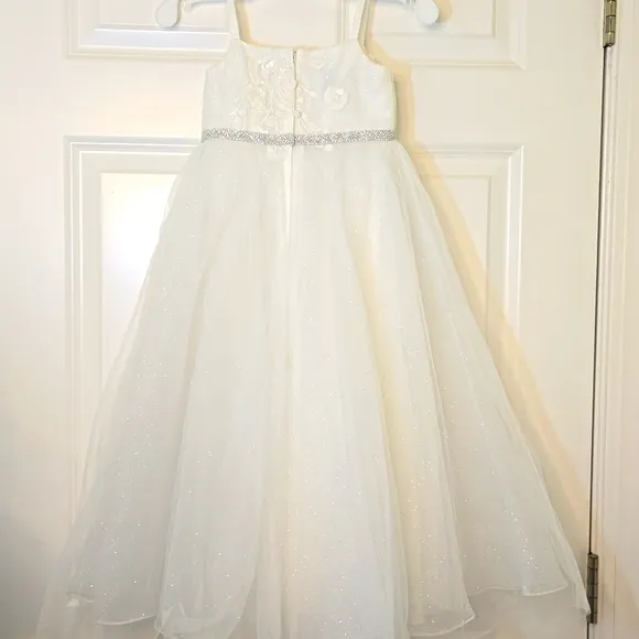 David's Bridal Sparkle Organza Flower Girl Dress w/Applique Solid Ivory Size 3