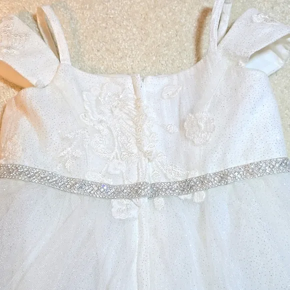 David's Bridal Sparkle Organza Flower Girl Dress w/Applique Solid Ivory Size 3