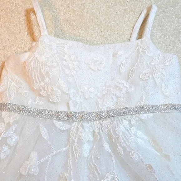 David's Bridal Sparkle Organza Flower Girl Dress w/Applique Solid Ivory Size 3