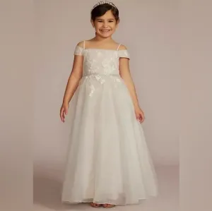 David's Bridal Sparkle Organza Flower Girl Dress w/Applique Solid Ivory Size 3
