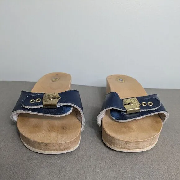 Dr Scholls Exercise Sandals Clog Wooden Vintage Blue Slip On Leather Italy 8