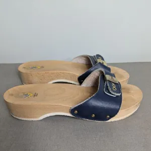 Dr Scholls Exercise Sandals Clog Wooden Vintage Blue Slip On Leather Italy 8