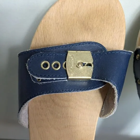 Dr Scholls Exercise Sandals Clog Wooden Vintage Blue Slip On Leather Italy 8