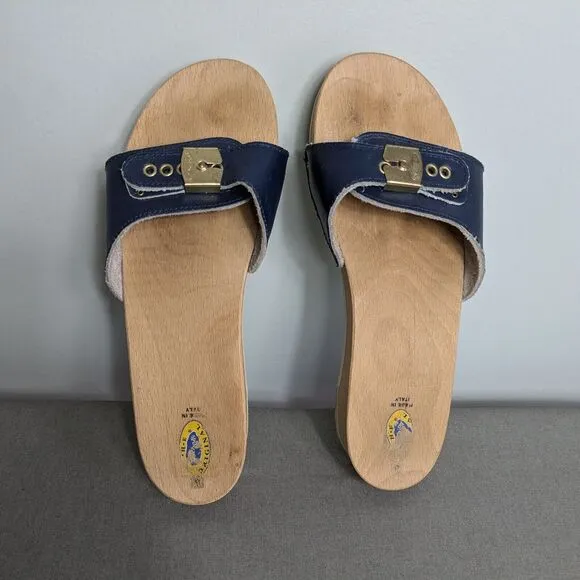 Dr Scholls Exercise Sandals Clog Wooden Vintage Blue Slip On Leather Italy 8