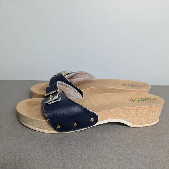 Dr Scholls Exercise Sandals Clog Wooden Vintage Blue Slip On Leather Italy 8