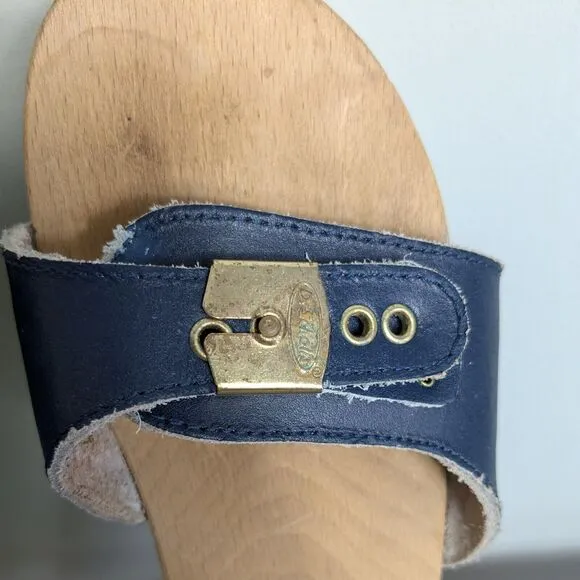 Dr Scholls Exercise Sandals Clog Wooden Vintage Blue Slip On Leather Italy 8