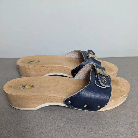 Dr Scholls Exercise Sandals Clog Wooden Vintage Blue Slip On Leather Italy 8