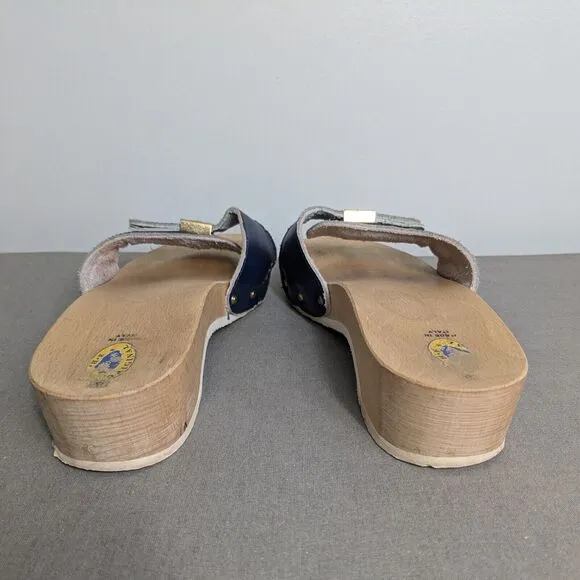 Dr Scholls Exercise Sandals Clog Wooden Vintage Blue Slip On Leather Italy 8