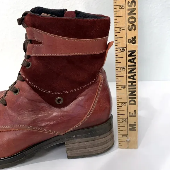 Dromedaris Women's Kara Combat Red Leather   Suede Lace-up Comfort Inside Zip