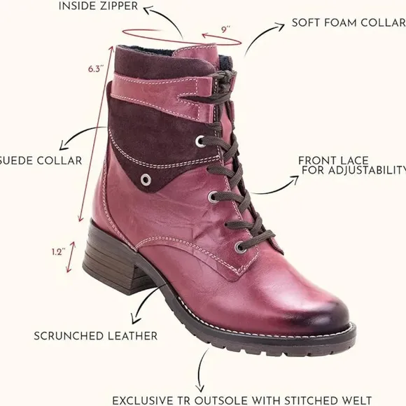 Dromedaris Women's Kara Combat Red Leather   Suede Lace-up Comfort Inside Zip