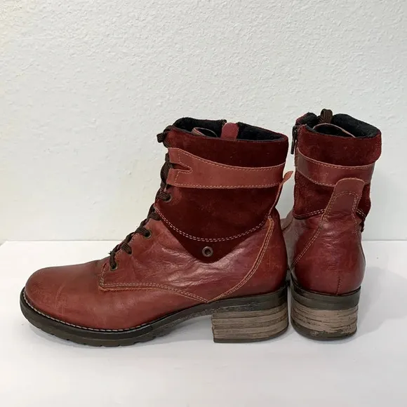 Dromedaris Women's Kara Combat Red Leather   Suede Lace-up Comfort Inside Zip