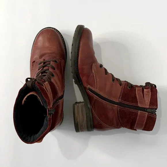 Dromedaris Women's Kara Combat Red Leather   Suede Lace-up Comfort Inside Zip