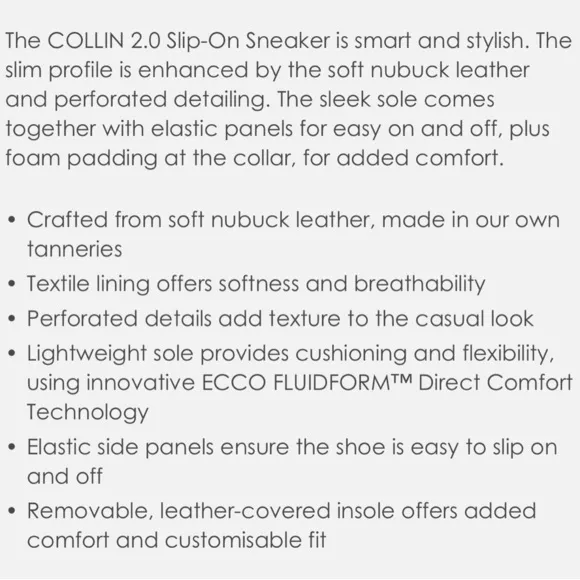Ecco Collin 2.0 Casual Slip on Perforated Nubuck Sneaker 12 US 46 EU