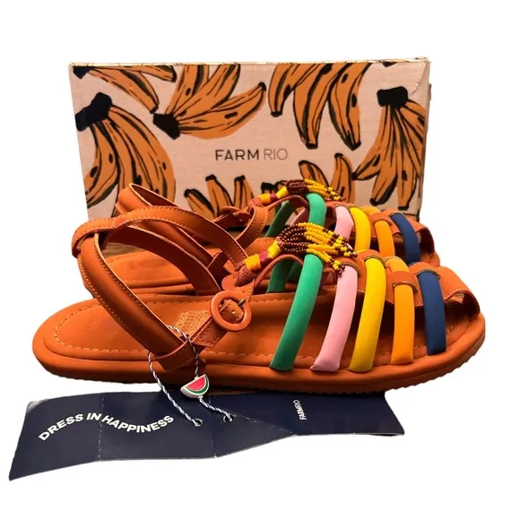FARM RIO Caramel Tassel Beaded Rainbow Tube Strap Sandal Size 11 NEW
