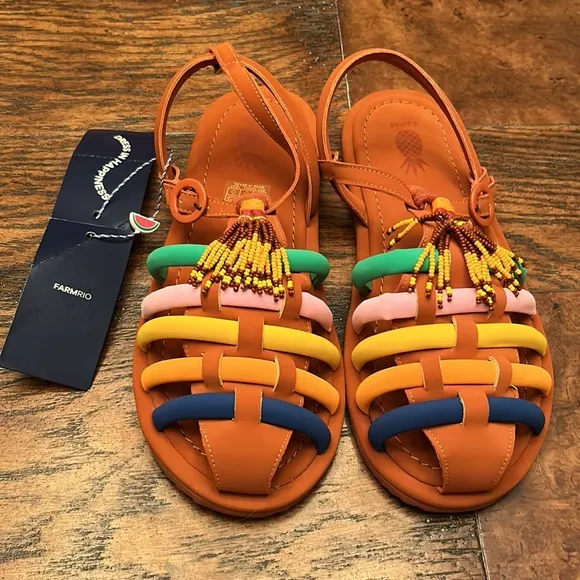 FARM RIO Caramel Tassel Beaded Rainbow Tube Strap Sandal Size 11 NEW