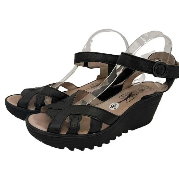 Fly London Yrat 021 Black Ankle Strap Buckle Closure Wedge Sandals Size 41 EU