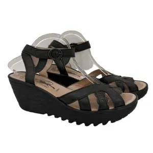Fly London Yrat 021 Black Ankle Strap Buckle Closure Wedge Sandals Size 41 EU