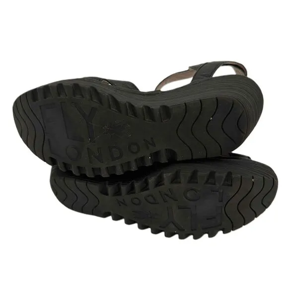 Fly London Yrat 021 Black Ankle Strap Buckle Closure Wedge Sandals Size 41 EU