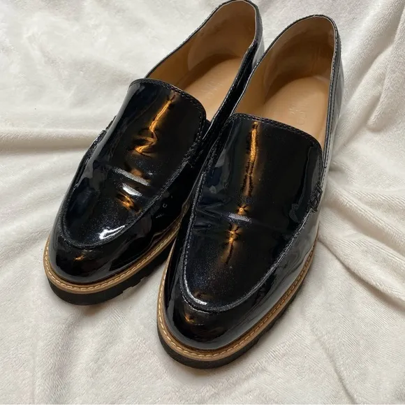 Franco Sarto Black Shiny Patent Leather Cypress Lug Sole Loafers