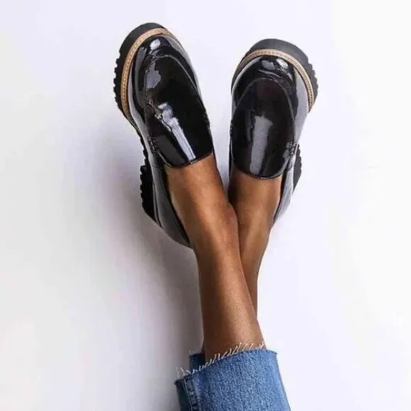Franco Sarto Black Shiny Patent Leather Cypress Lug Sole Loafers