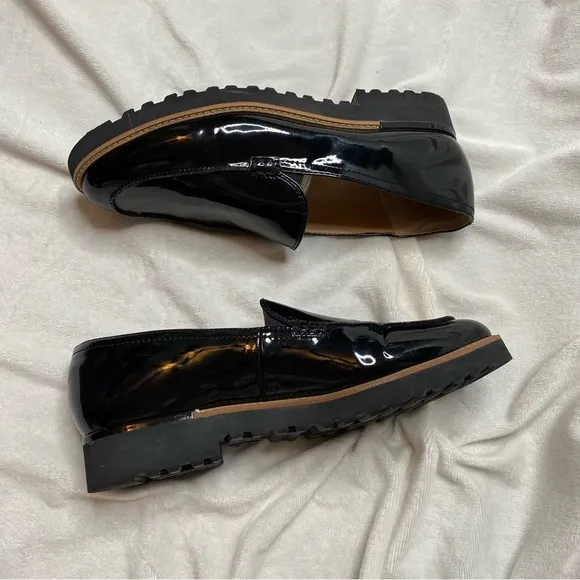 Franco Sarto Black Shiny Patent Leather Cypress Lug Sole Loafers