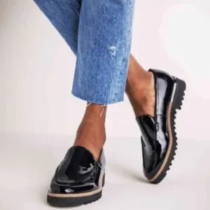 Franco Sarto Black Shiny Patent Leather Cypress Lug Sole Loafers