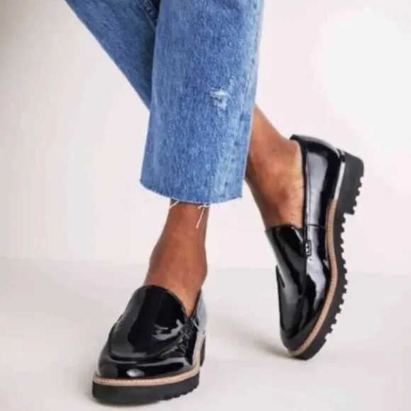 Franco Sarto Black Shiny Patent Leather Cypress Lug Sole Loafers