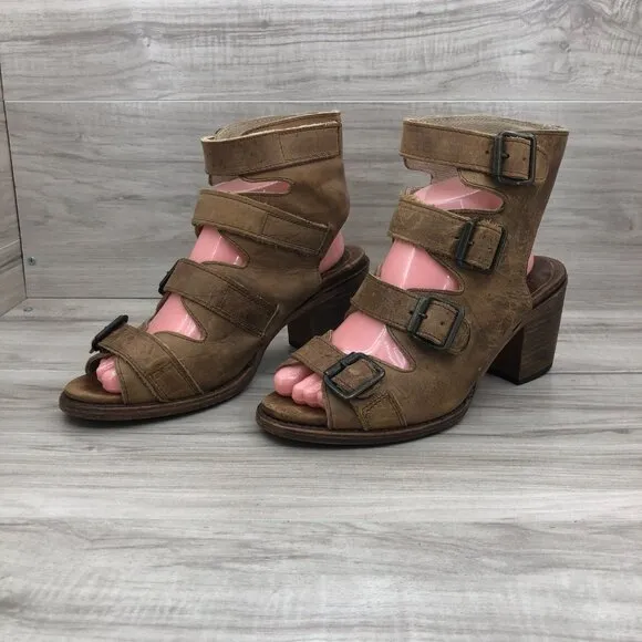 Freebird Sandals Womens 9 Quail Brown Leather Buckle Strap Heeled Shoes