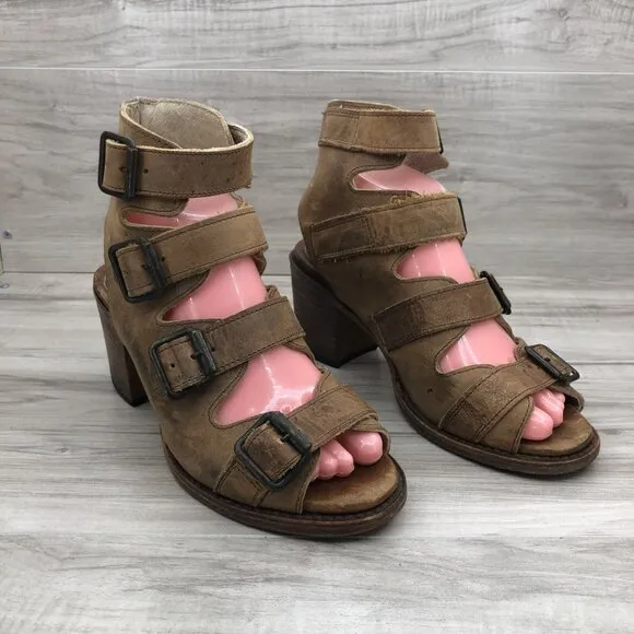 Freebird Sandals Womens 9 Quail Brown Leather Buckle Strap Heeled Shoes