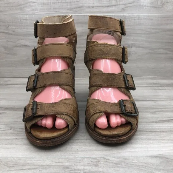 Freebird Sandals Womens 9 Quail Brown Leather Buckle Strap Heeled Shoes