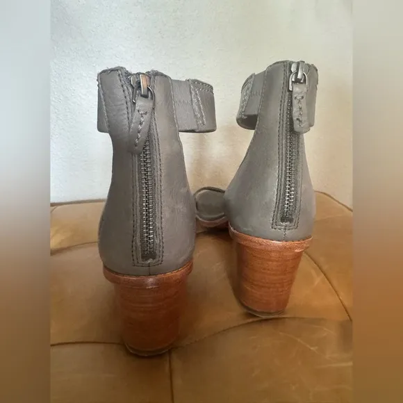 Frye Brielle back zip women’s grey leather zipper strap heels shoes