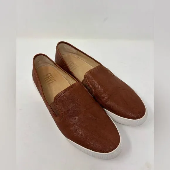 Frye Mia‎ Women's 8 Slip On Brown Cognac Leather Sneaker Loafer Casual Shoe