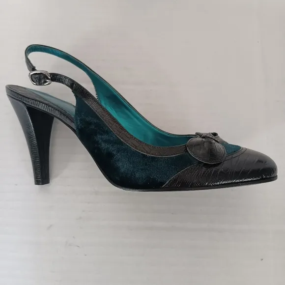 Gianni Bini Teal Black Leather and Velvet Slingback Strap Heel Pump Shoes Size 9