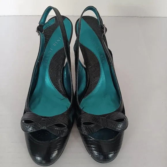 Gianni Bini Teal Black Leather and Velvet Slingback Strap Heel Pump Shoes Size 9