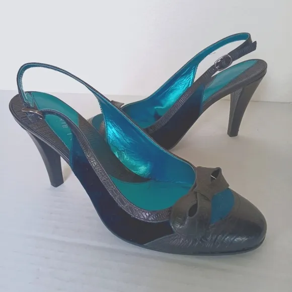 Gianni Bini Teal Black Leather and Velvet Slingback Strap Heel Pump Shoes Size 9