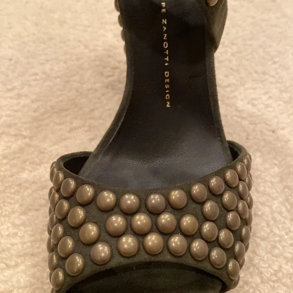 Giuseppe ZANOTTI Military army green ankle strap Gold STUDDED heels shoes