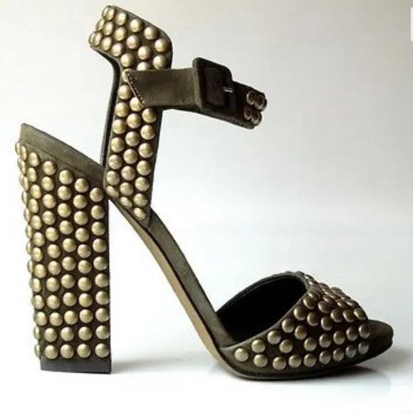 Giuseppe ZANOTTI Military army green ankle strap Gold STUDDED heels shoes