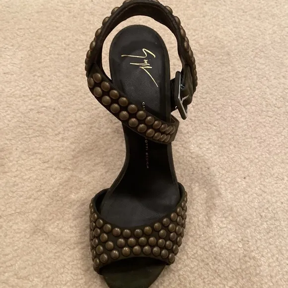Giuseppe ZANOTTI Military army green ankle strap Gold STUDDED heels shoes