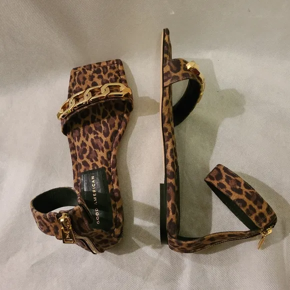Good American Women's Ankle Strap Sandals in Leopard Print Sz 8