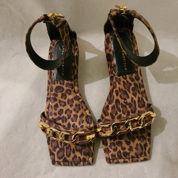Good American Women's Ankle Strap Sandals in Leopard Print Sz 8