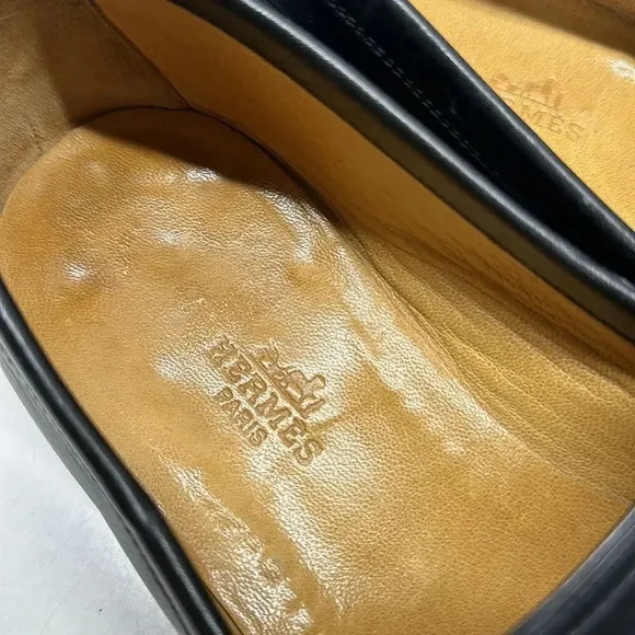 Hermes Paris Leather Loafers Slip On Driving Shoes Solid Black Men's Size 41 8